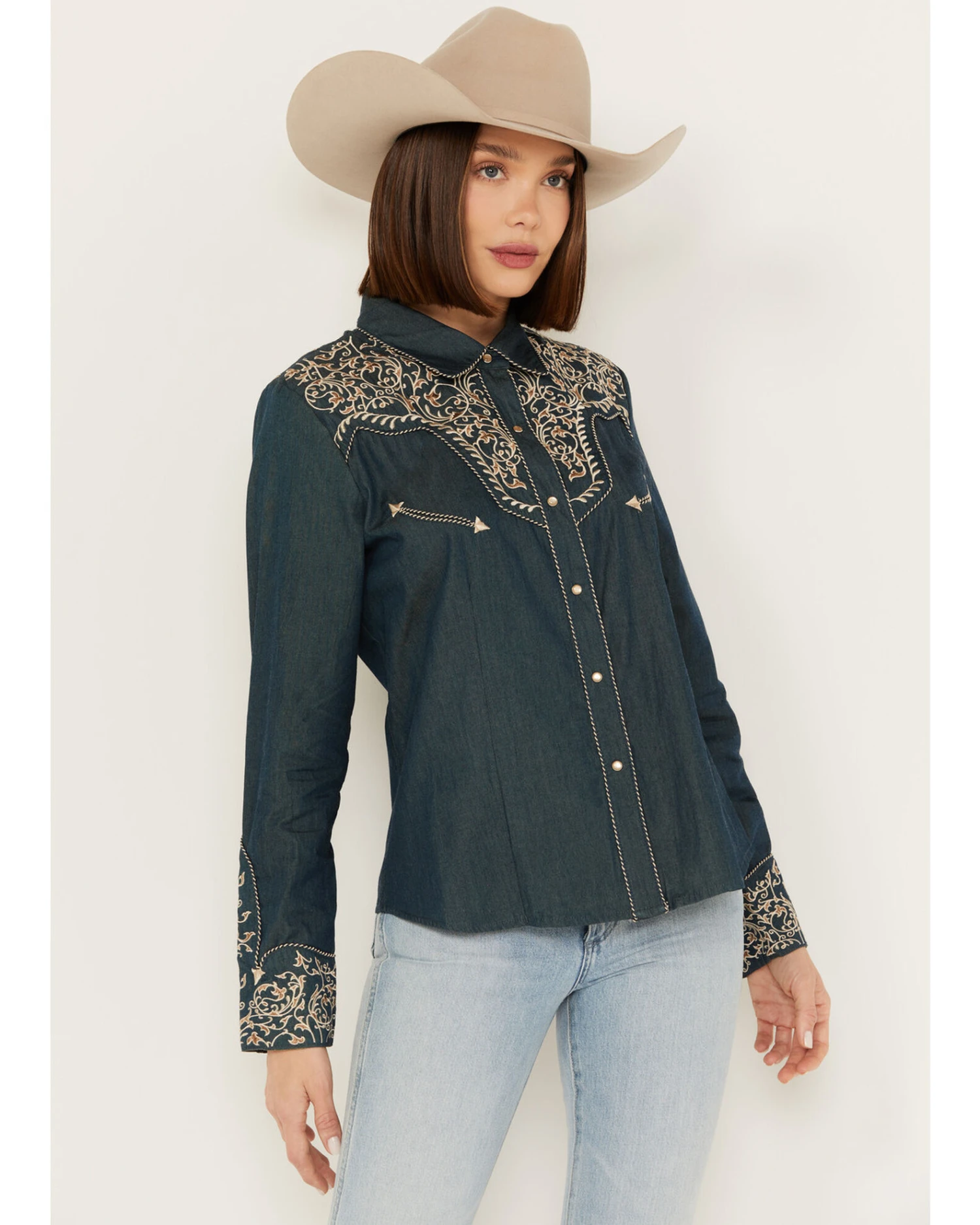 Scully Women's Vine Embroidered Long Sleeve Pearl Snap Western Shirt - Image 4