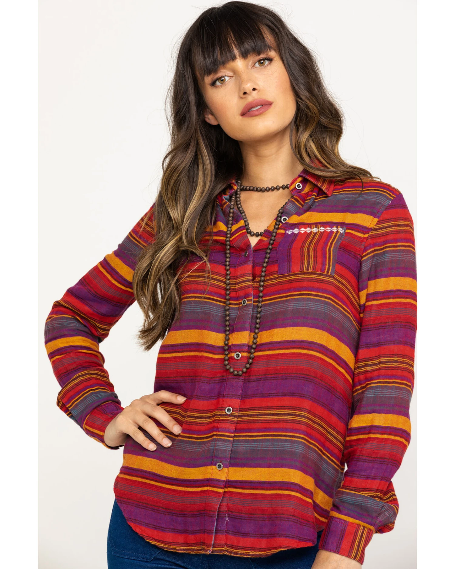 Rock & Roll Denim Women's Rust Serape Stripe Southwestern Embroidered Long Sleeve Western Shirt - Image 6