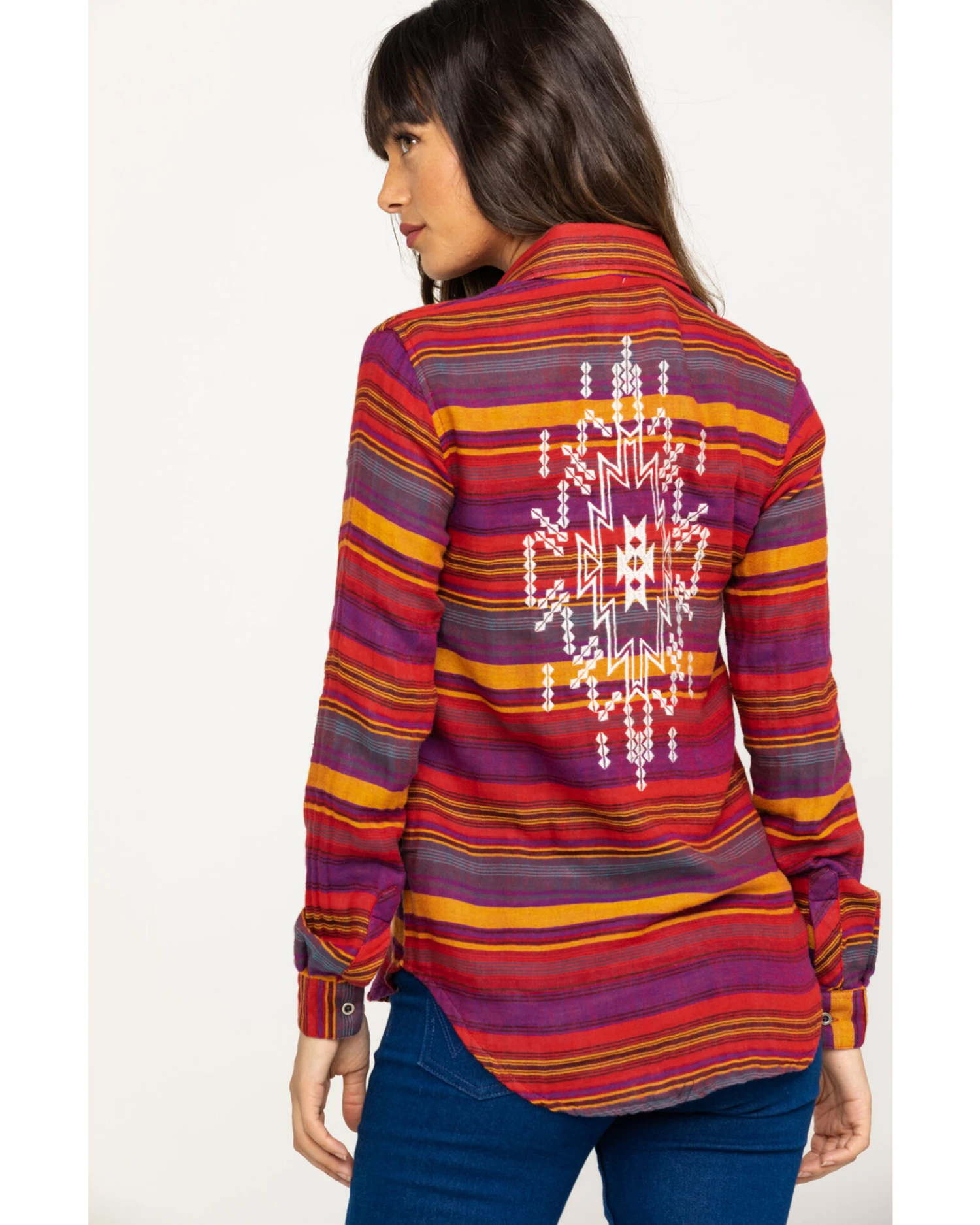 Rock & Roll Denim Women's Rust Serape Stripe Southwestern Embroidered Long Sleeve Western Shirt - Image 4