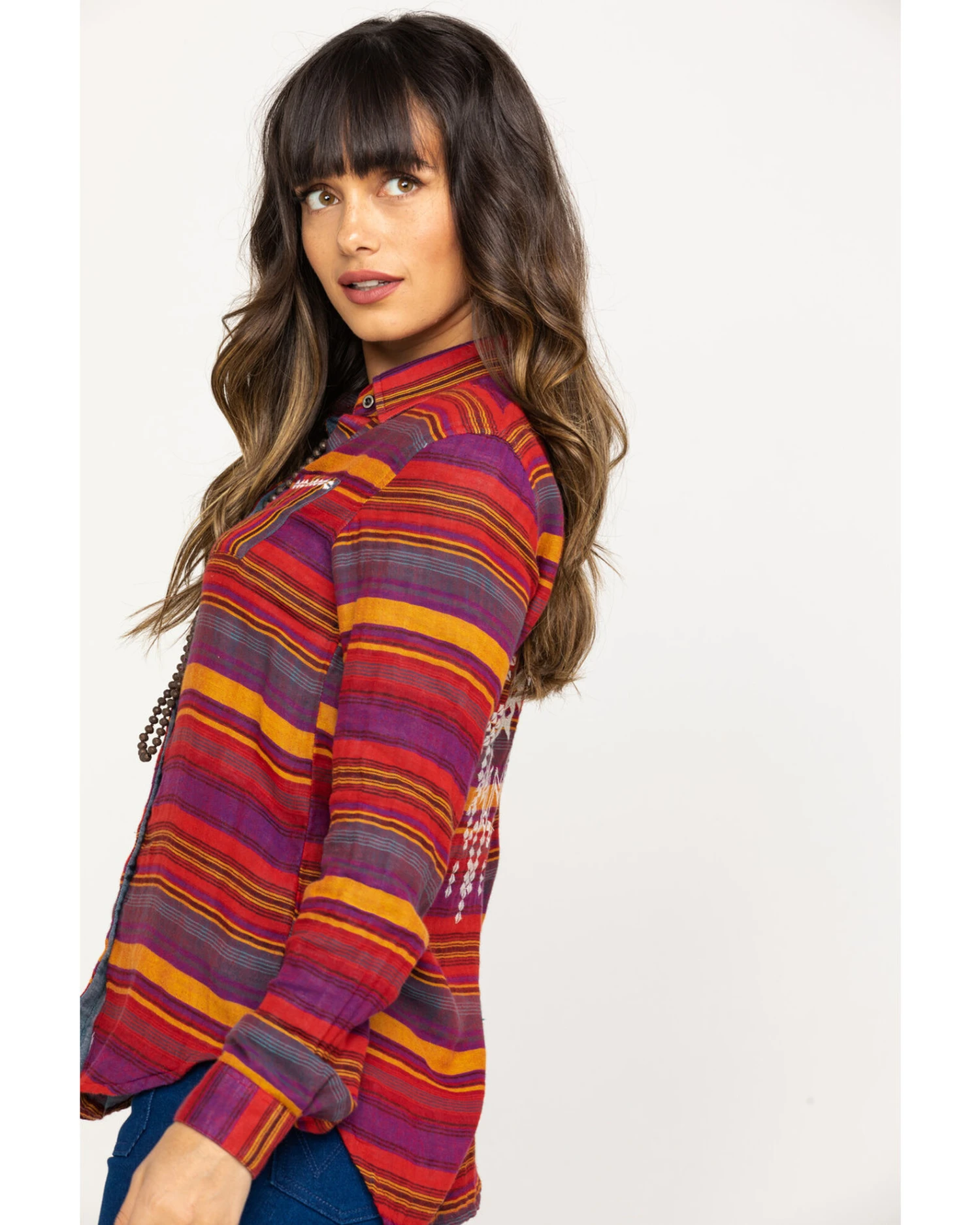 Rock & Roll Denim Women's Rust Serape Stripe Southwestern Embroidered Long Sleeve Western Shirt - Image 5