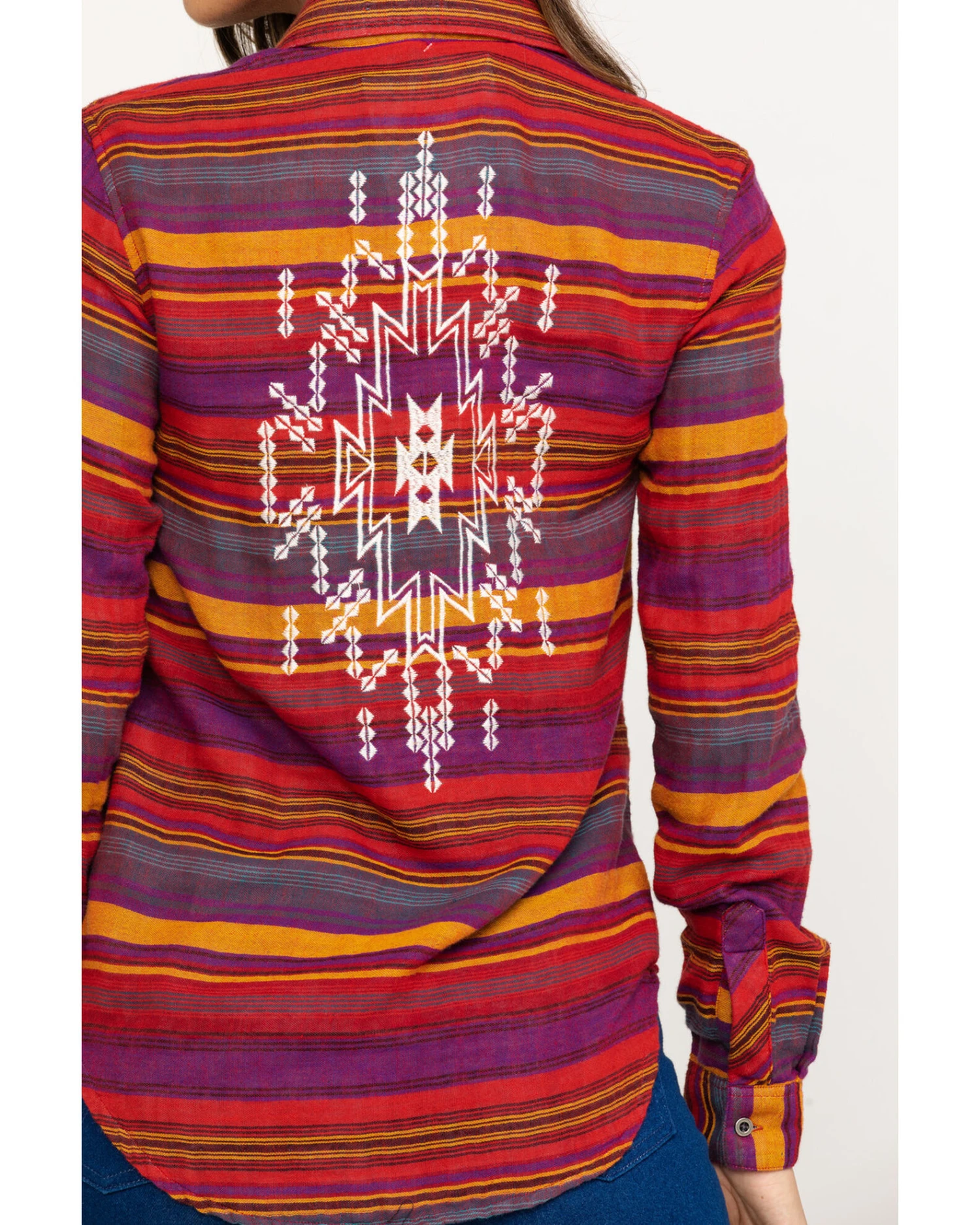 Rock & Roll Denim Women's Rust Serape Stripe Southwestern Embroidered Long Sleeve Western Shirt - Image 3