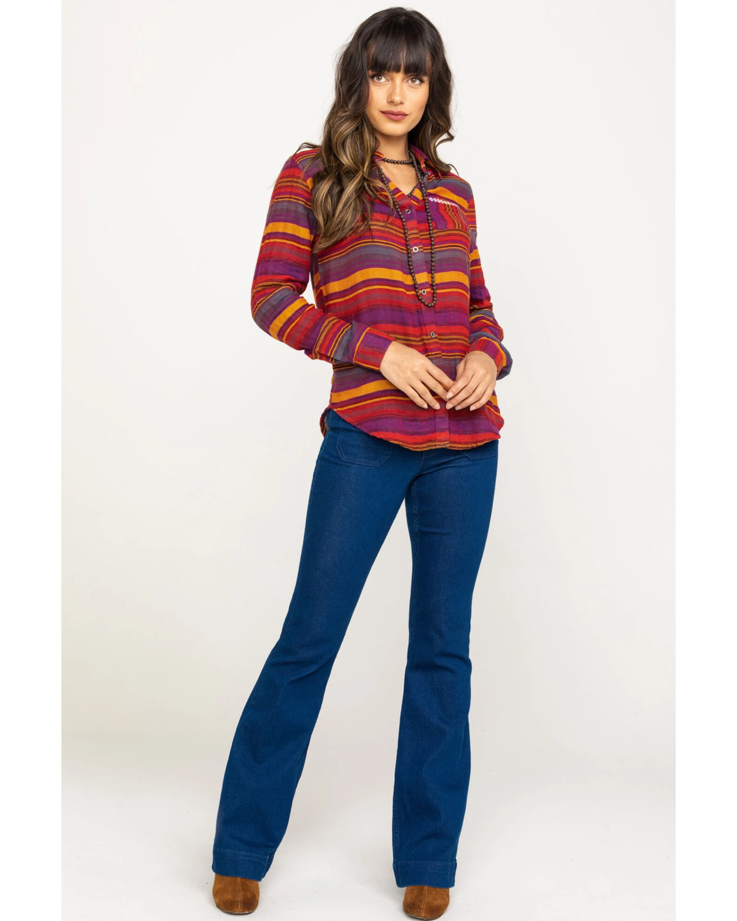 Rock & Roll Denim Women's Rust Serape Stripe Southwestern Embroidered Long Sleeve Western Shirt - Image 2
