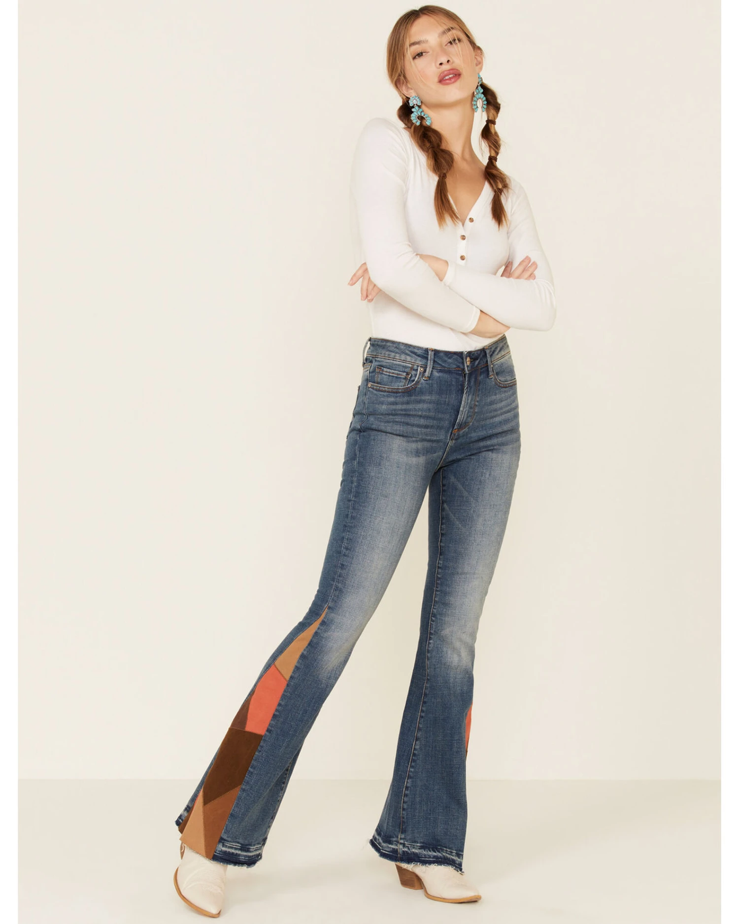 Driftwood Women’s Medium Wash Suede Patchwork Flare Jeans - Image 3