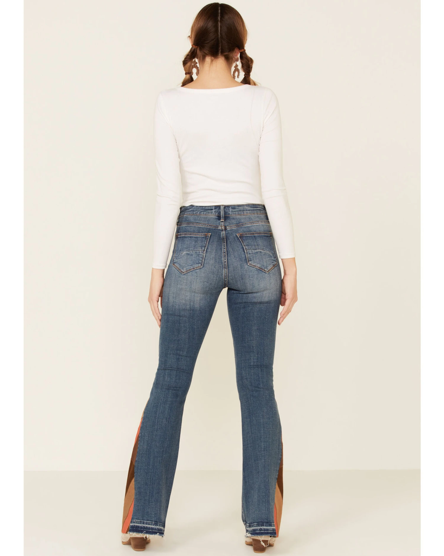 Driftwood Women’s Medium Wash Suede Patchwork Flare Jeans