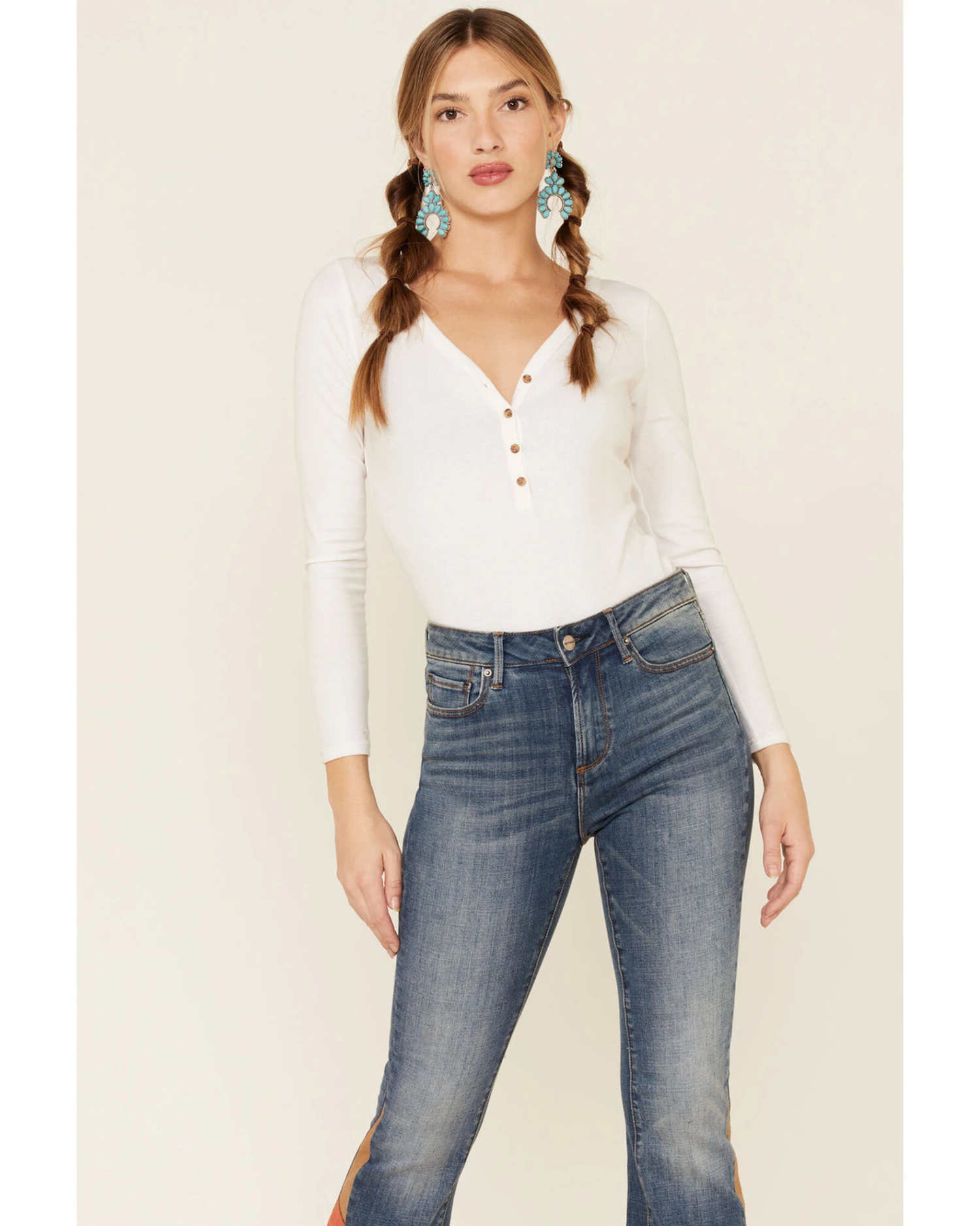 Driftwood Women’s Medium Wash Suede Patchwork Flare Jeans - Image 5