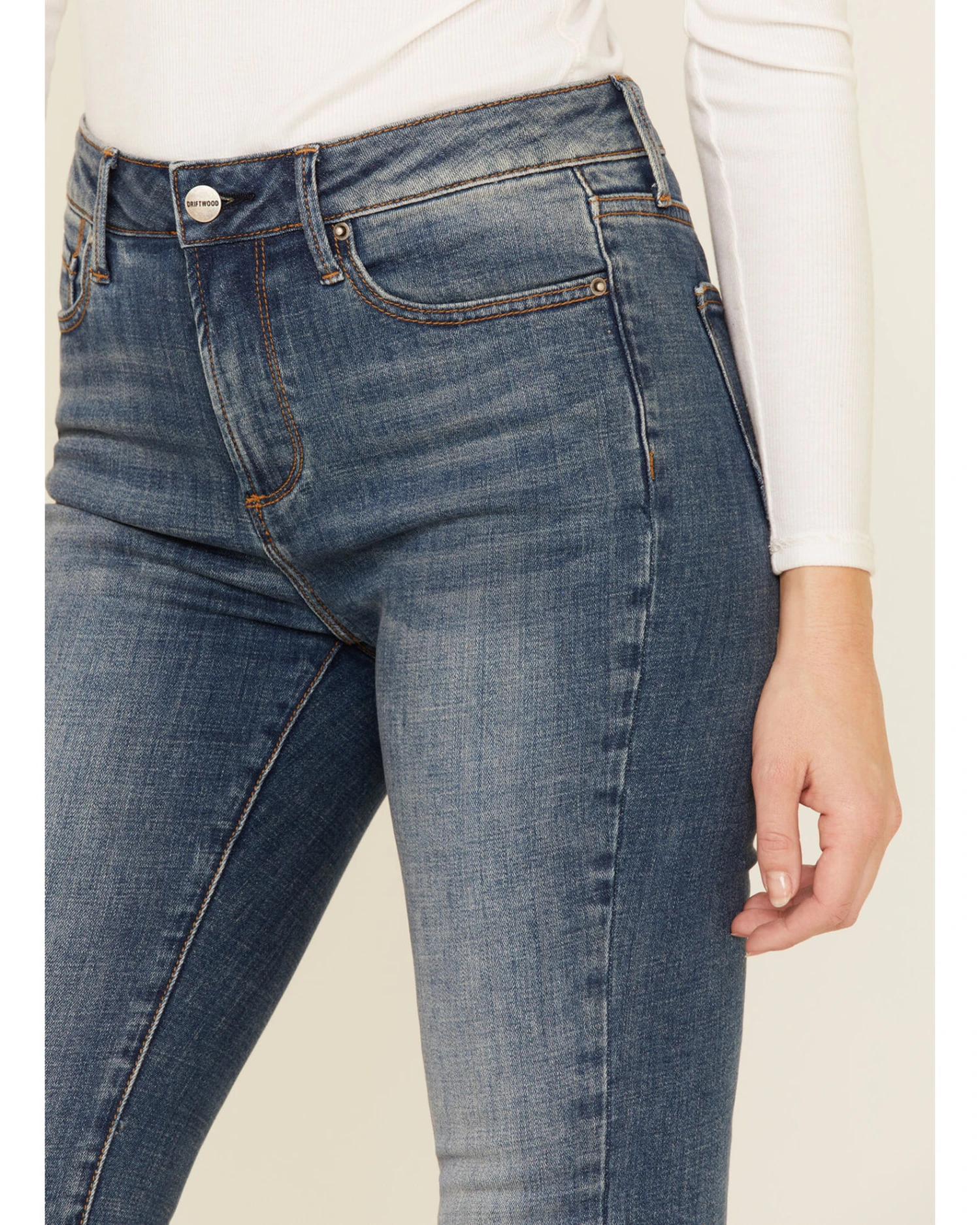 Driftwood Women’s Medium Wash Suede Patchwork Flare Jeans - Image 4