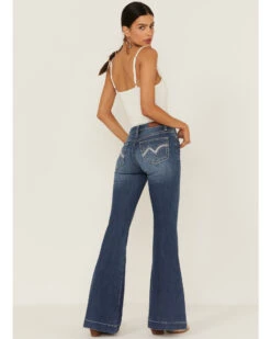 Shyanne Women's Dark Wash Mid Embroidered Scoop Pocket Flare Jeans