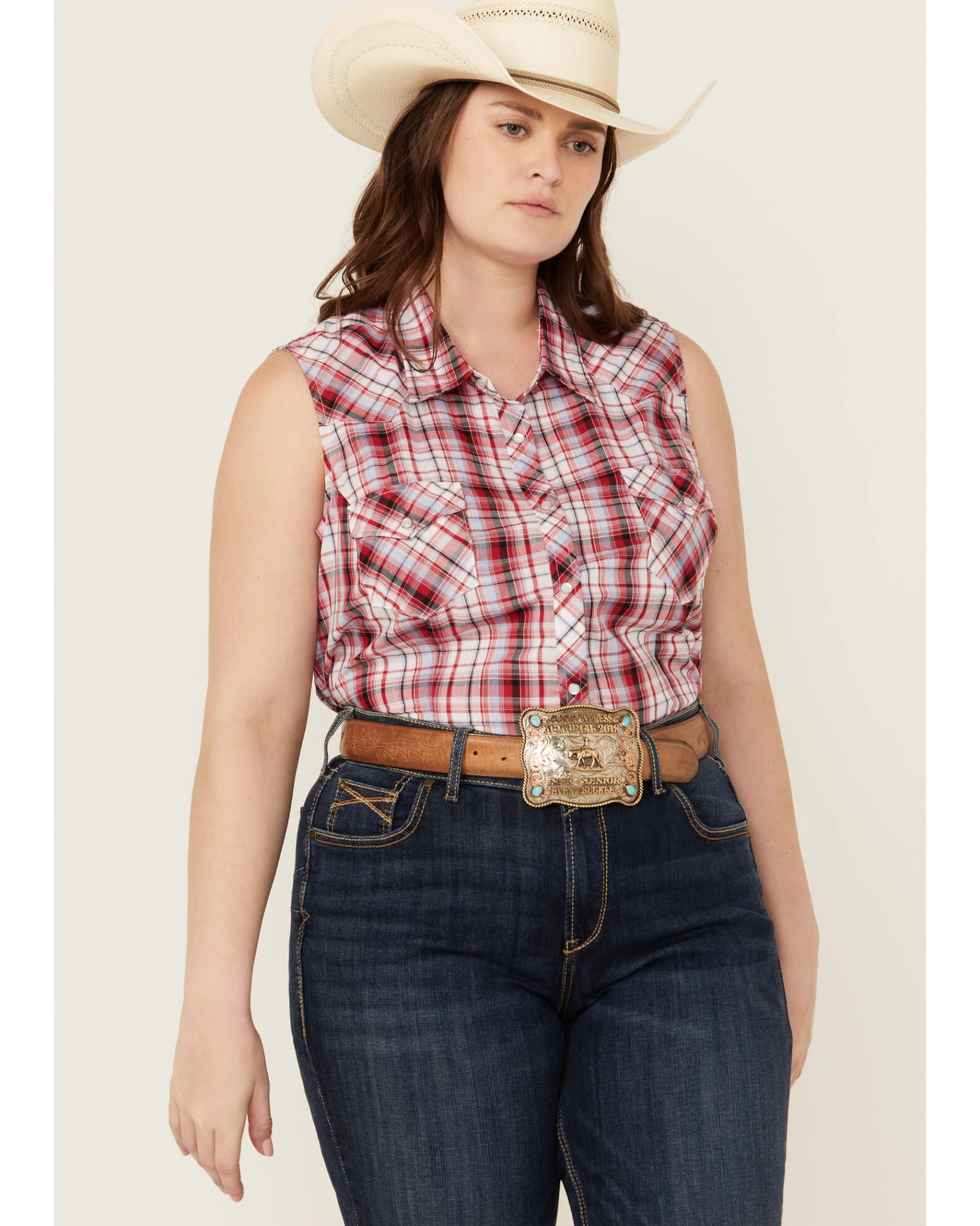 Roper Women's Classic Plaid Print Sleeveless Western Snap Shirt - Plus