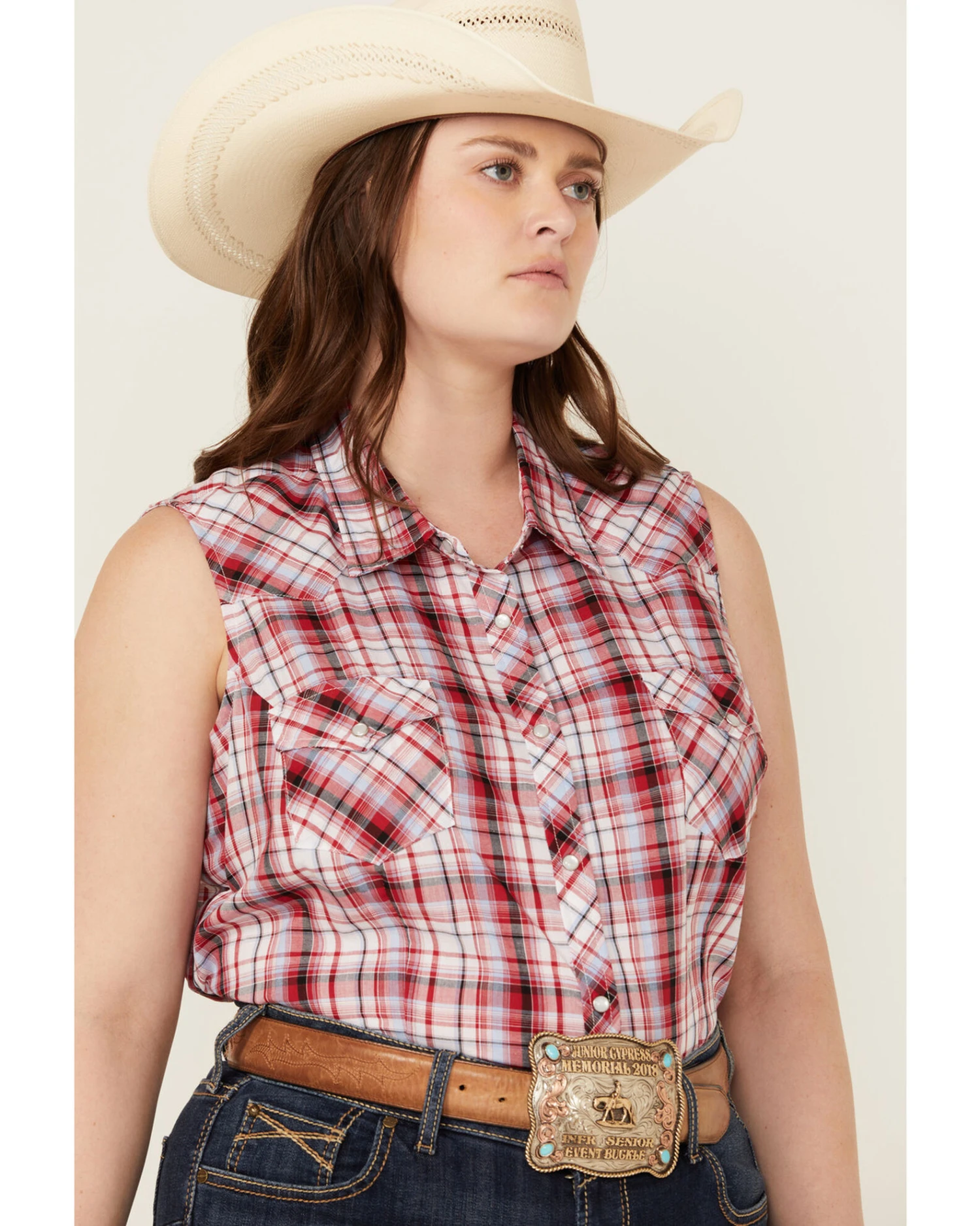 Roper Women's Classic Plaid Print Sleeveless Western Snap Shirt - Plus - Image 2
