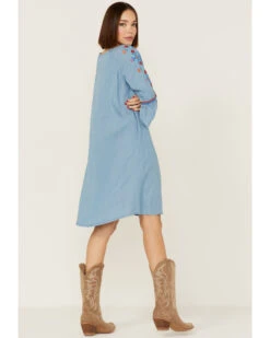 Roper Women's Southwestern Embroidered Bell Sleeve Denim Dress