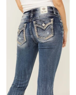 Miss Me Women's Mid Rise Cross Stitch Embroidered Border Pocket Bootcut Jeans