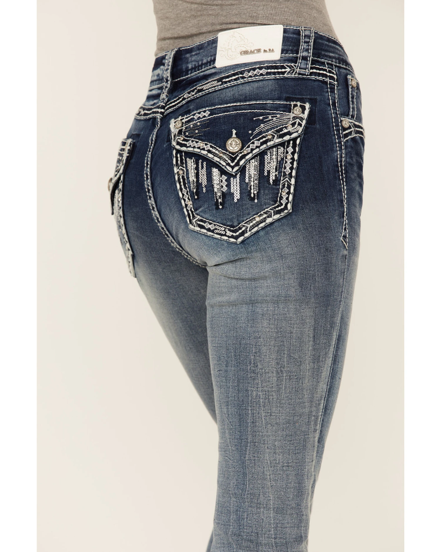 Grace In LA Women's Sequin Flap Pocket Light Wash Bootcut Jeans - Image 2