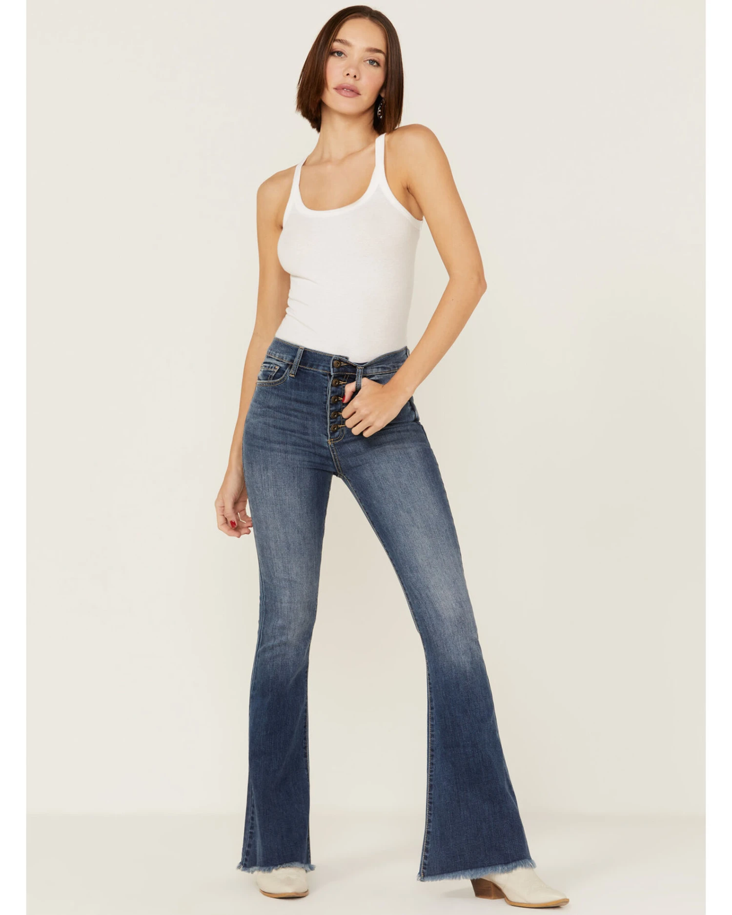 Sneak Peek Women's High Rise Exposed Button Flare Jeans - Image 4