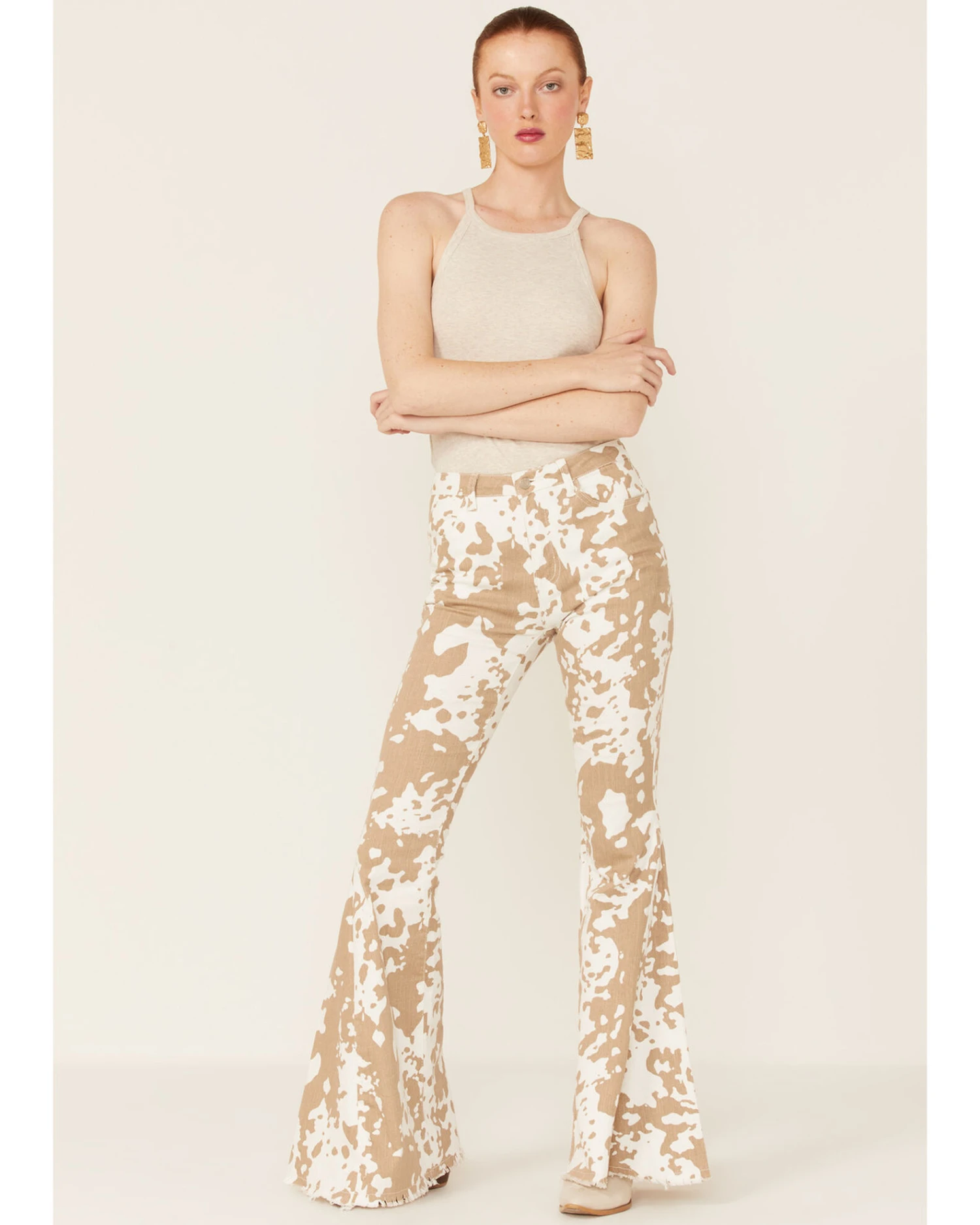 Saints & Hearts Women's Cow Print High Rise Raw Hem Flare Jeans