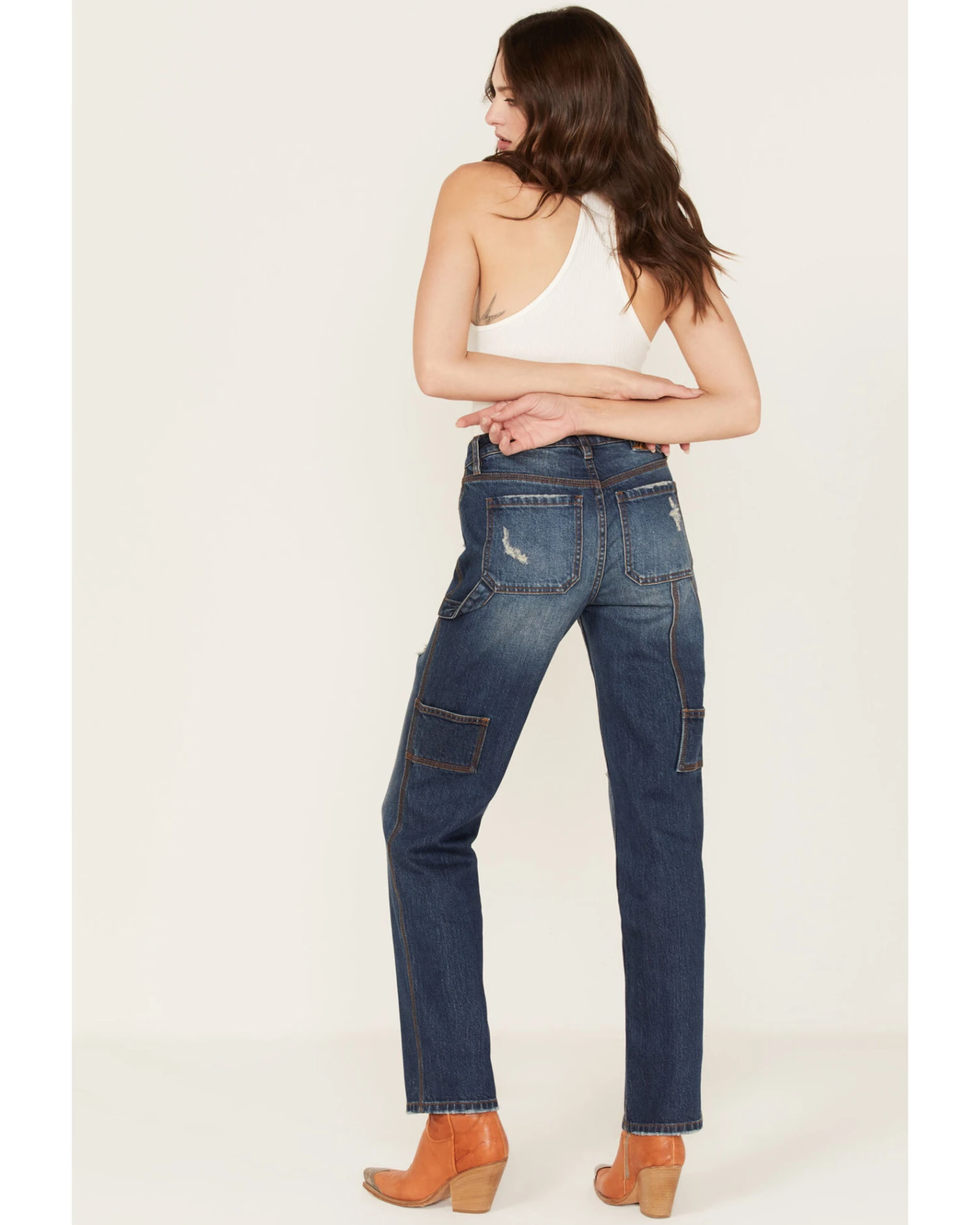 Cleo + Wolf Women's Medium Wash Mid Rise Distressed Cargo Straight Jeans - Image 3