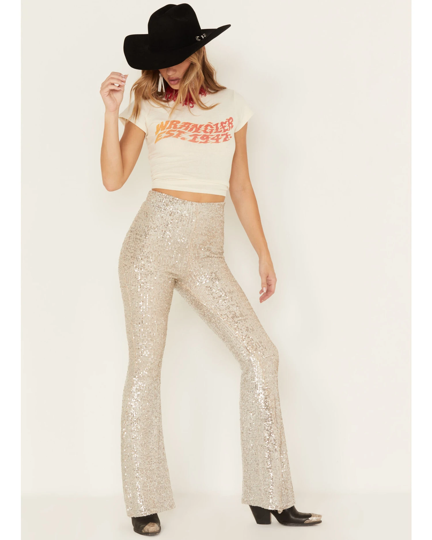 Show Me Your Mumu Women's Sequins Mercury Bell Bottom Pants