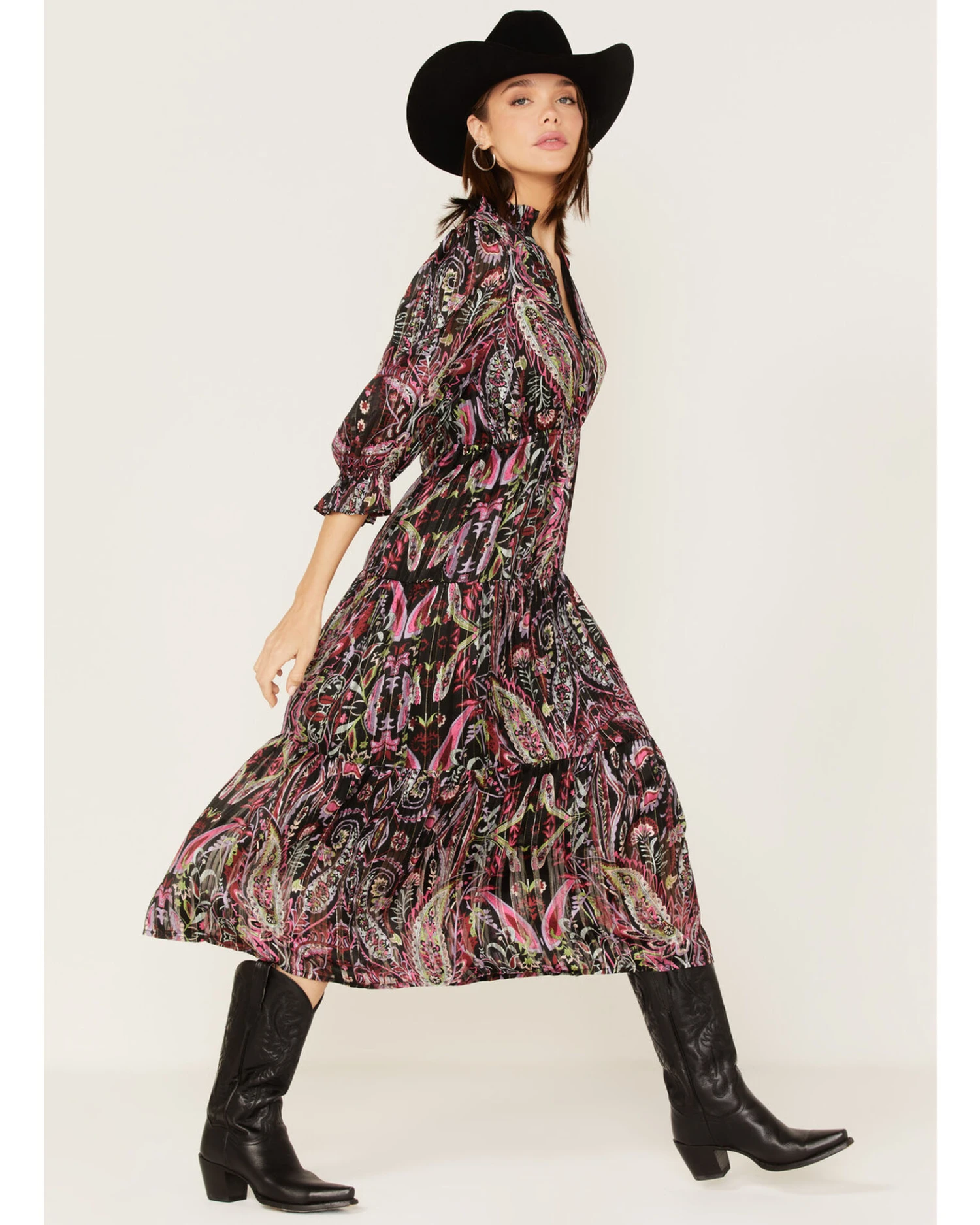 Revel Women's Floral & Paisley Print Puff Sleeve Midi Dress