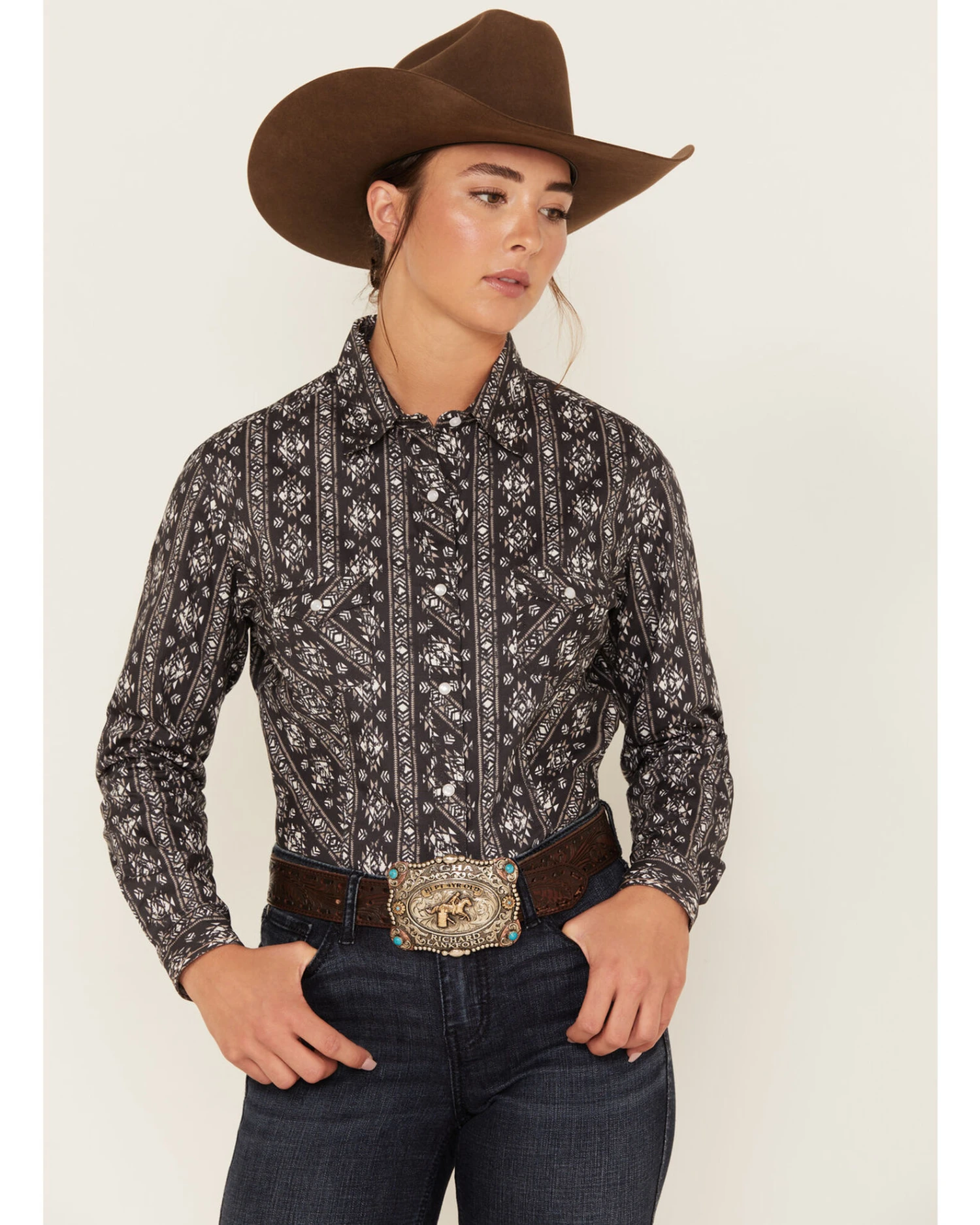 Rough Stock By Panhandle Women's Southwestern Print Long Sleeve Pearl Snap Western Shirt - Image 2