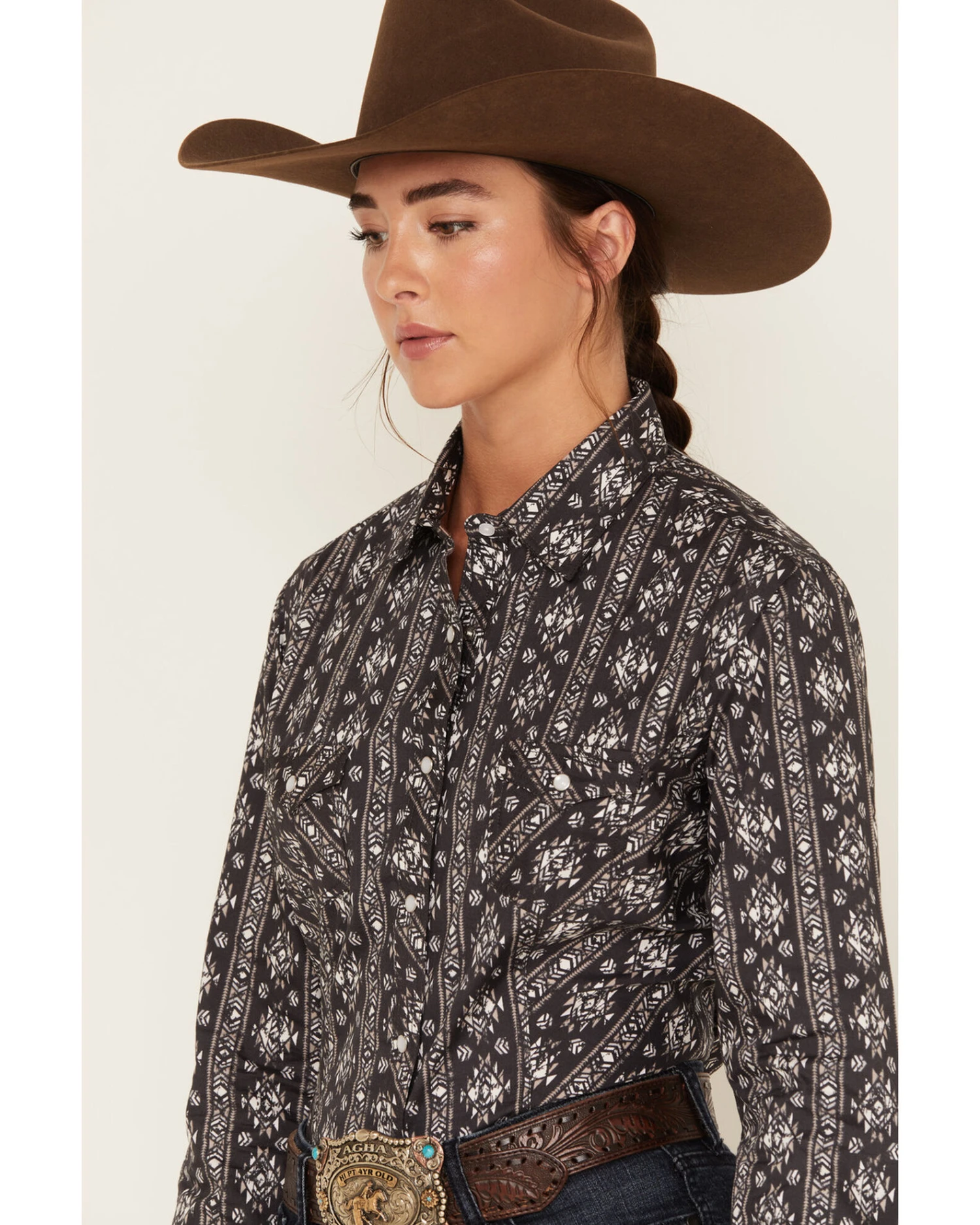 Rough Stock By Panhandle Women's Southwestern Print Long Sleeve Pearl Snap Western Shirt - Image 4