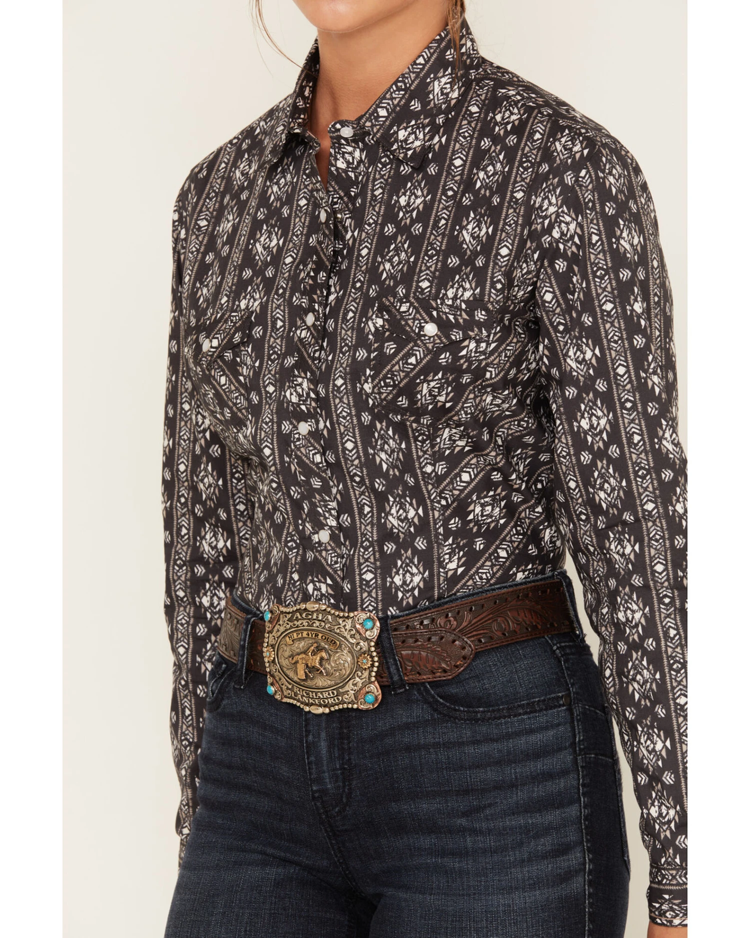 Rough Stock By Panhandle Women's Southwestern Print Long Sleeve Pearl Snap Western Shirt - Image 3