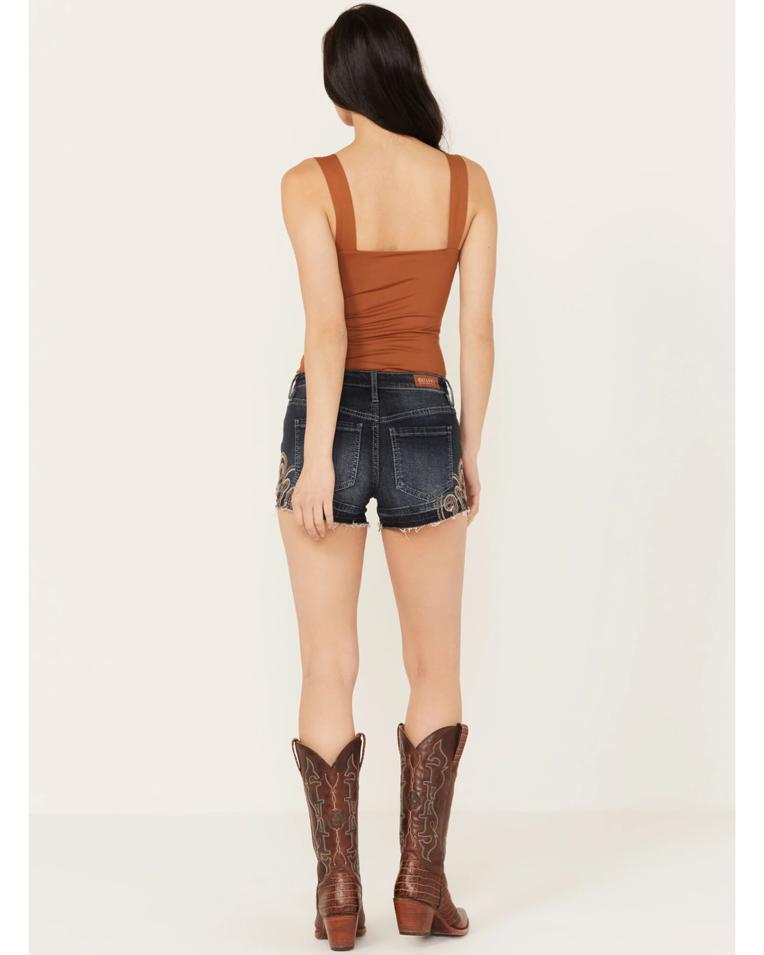 Shyanne Women's Dark Medium Wash Mid Rise Embroidered Stretch Denim Shorts - Image 3