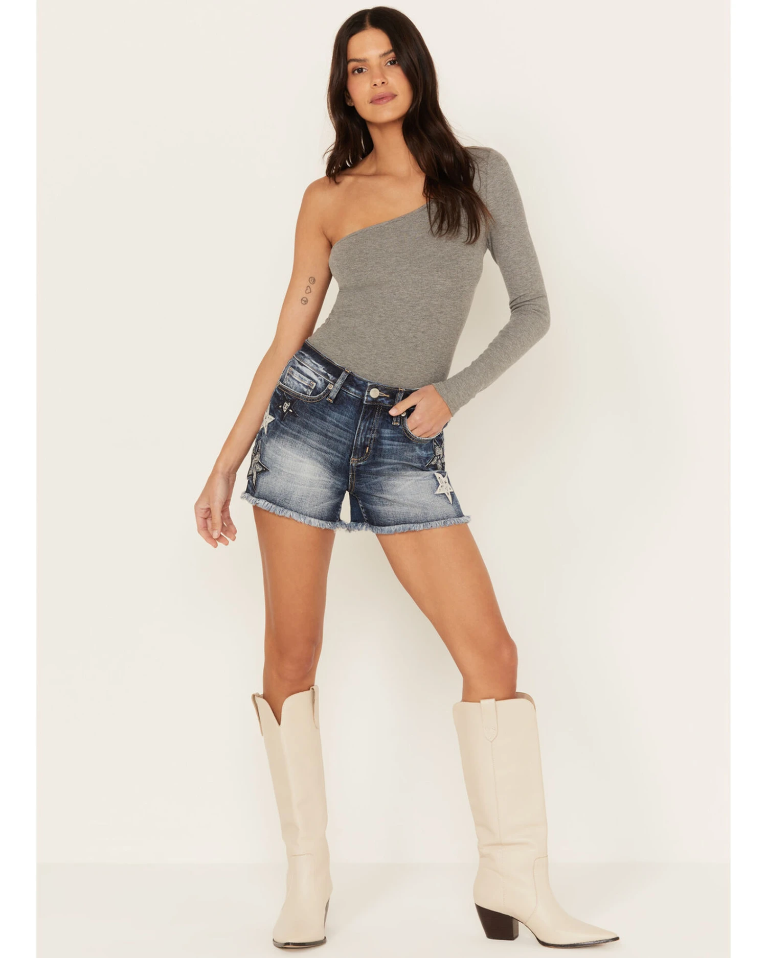 Miss Me Women's Dark Wash High Rise Star Paisley Patch Print Frayed Shorts - Image 4