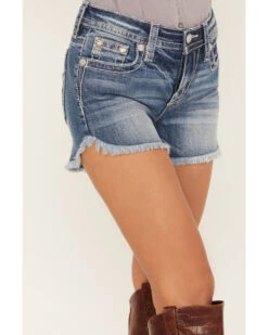 Miss Me Women's Light Wash Mid Rise Americana Star Wing Frayed Hem Shorts