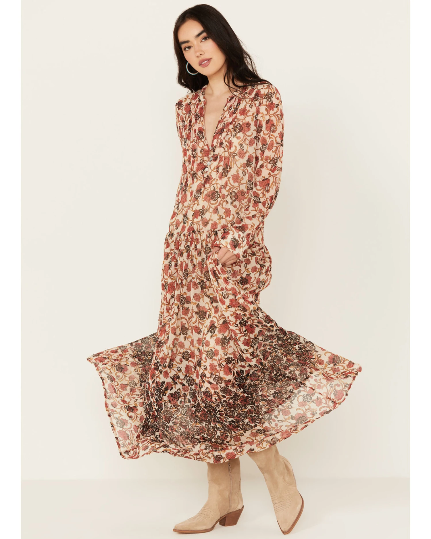 Free People Women's See It Through Floral Long Sleeve Maxi Dress