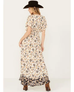 Angie Women's Flutter Sleeve Floral Border Print Dress