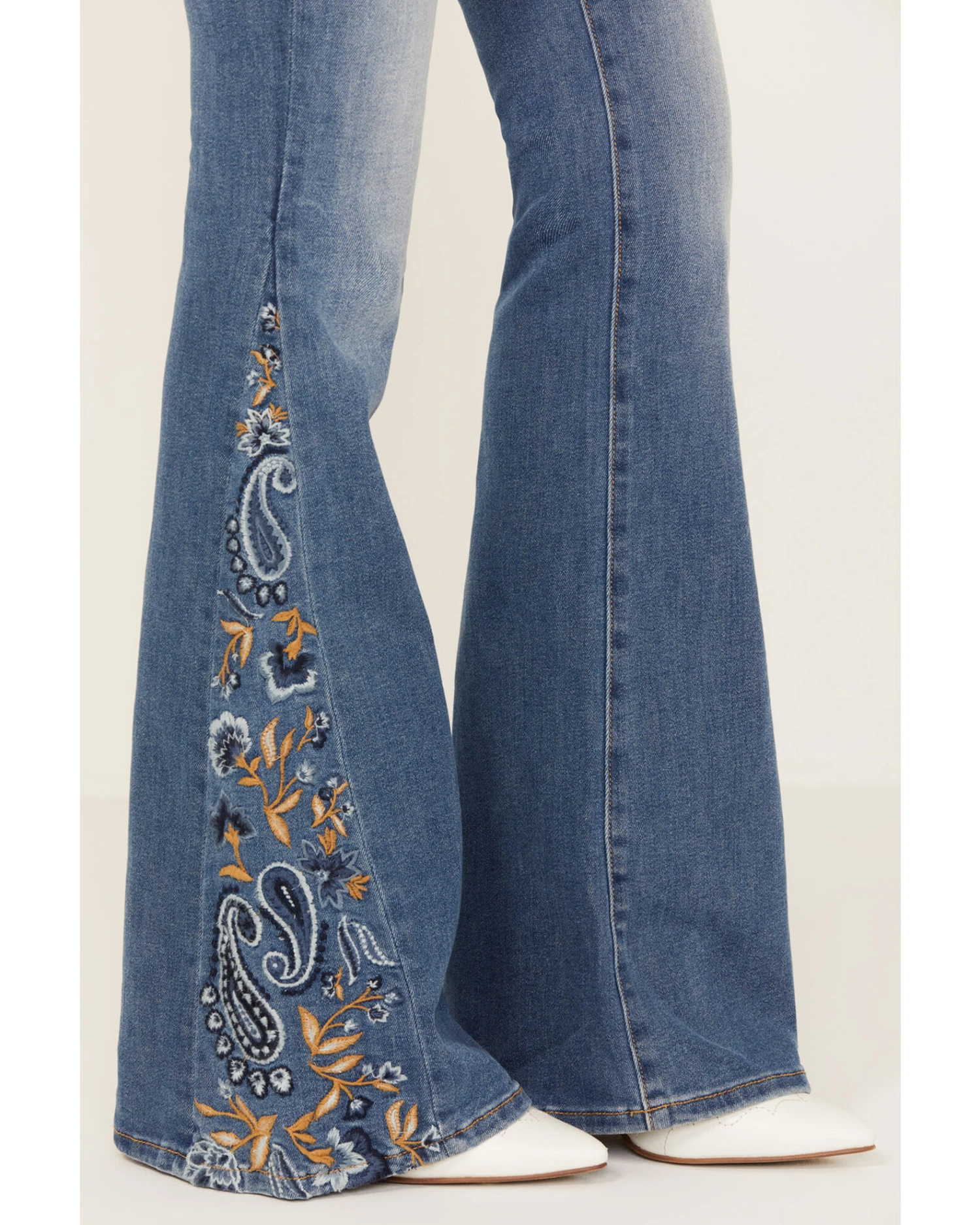 Driftwood Women's Medium Wash High Rise Flare Paisley Hem Jeans - Image 2