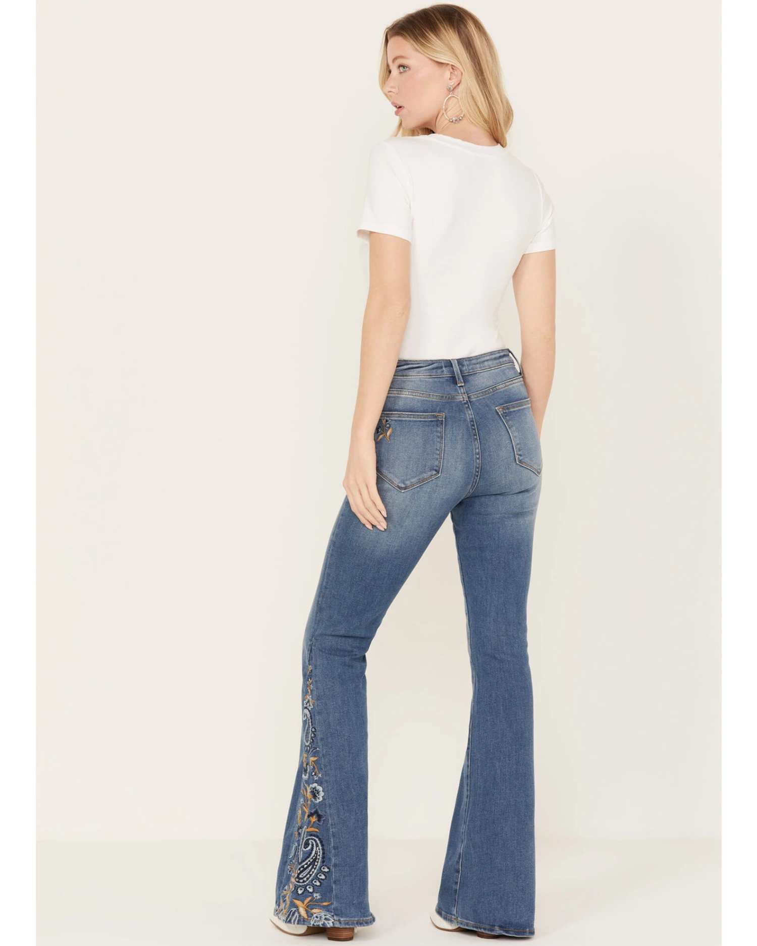 Driftwood Women's Medium Wash High Rise Flare Paisley Hem Jeans - Image 3