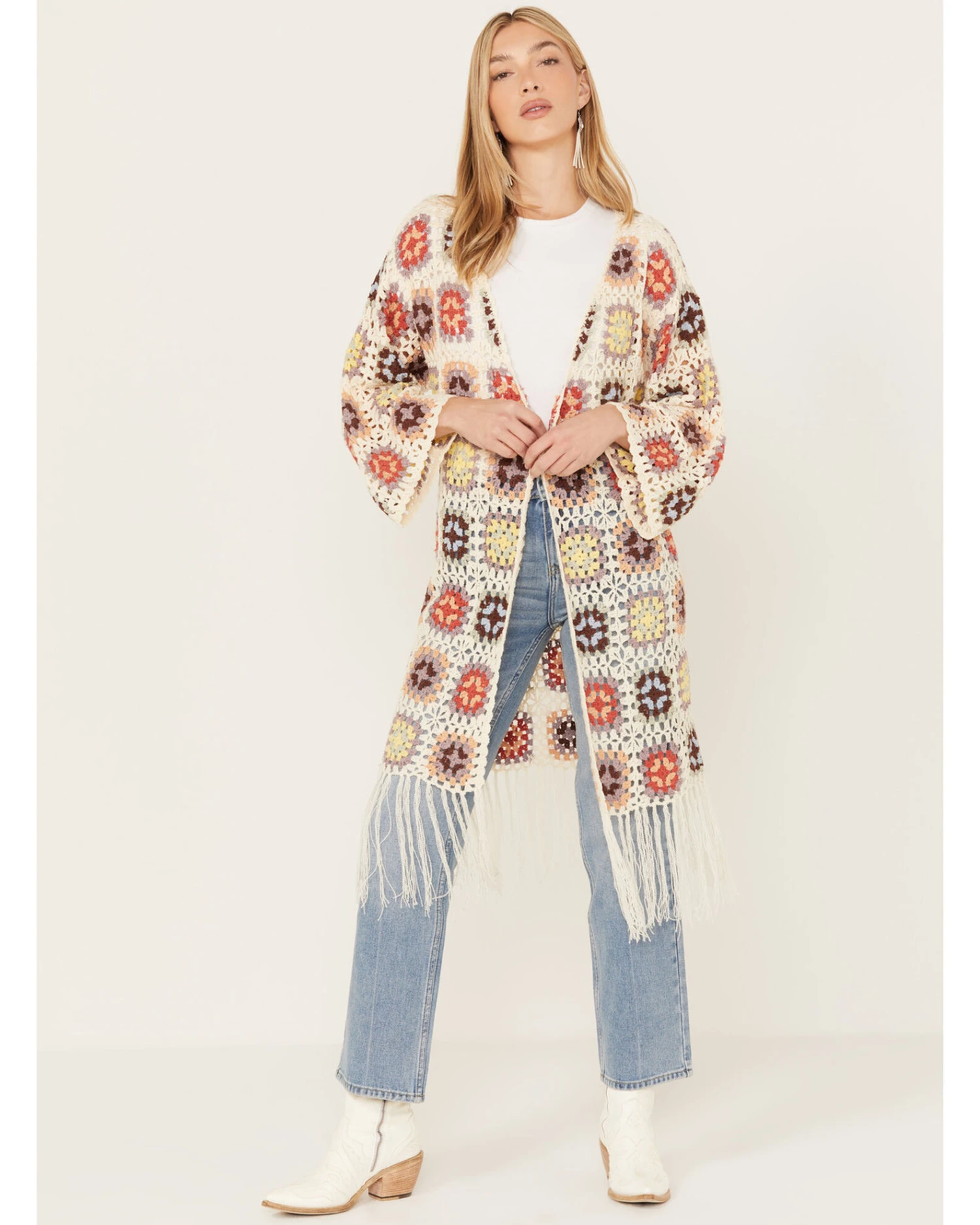 POL Women's Crochet Fringe Long Sleeve Kimono - Image 4