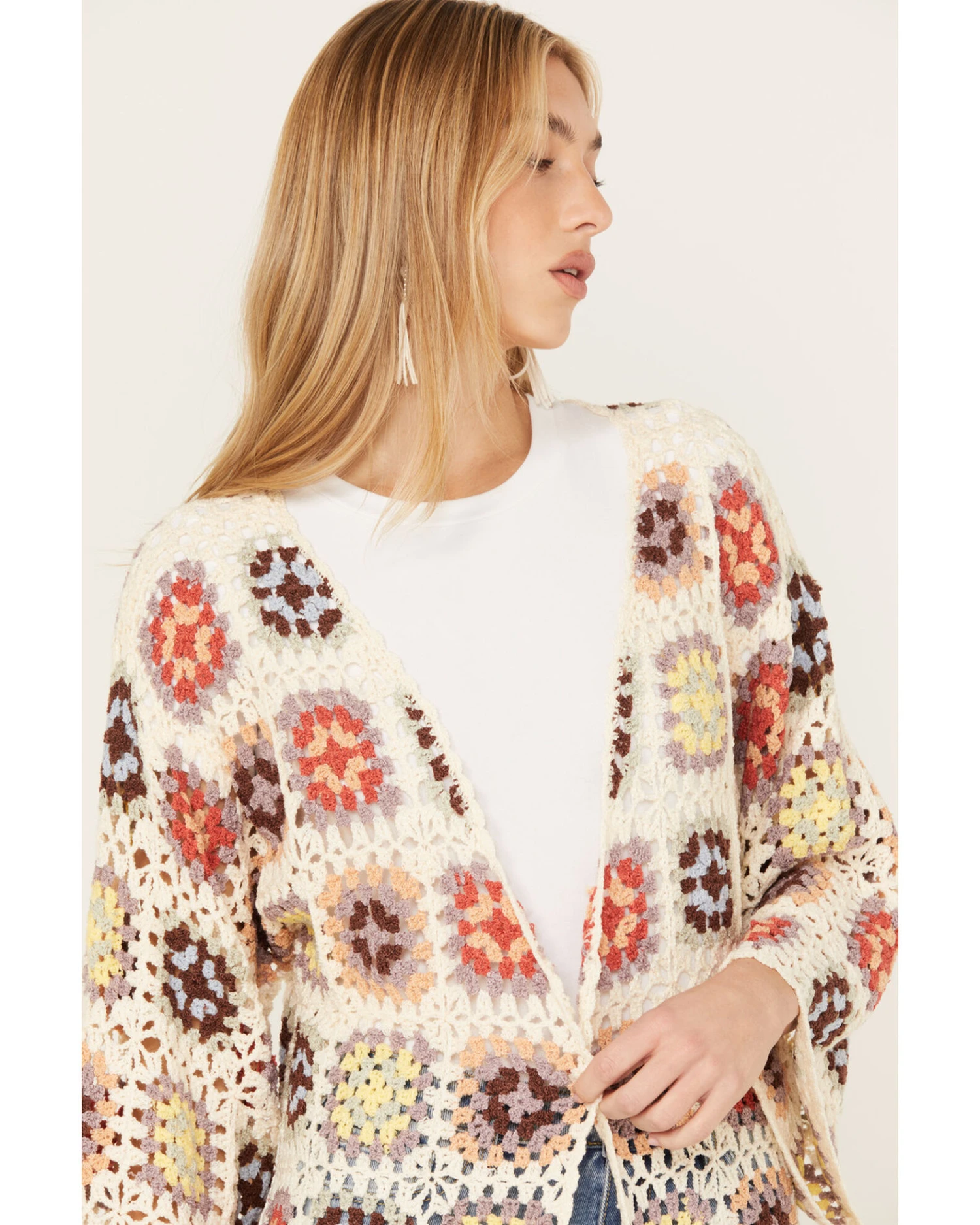 POL Women's Crochet Fringe Long Sleeve Kimono