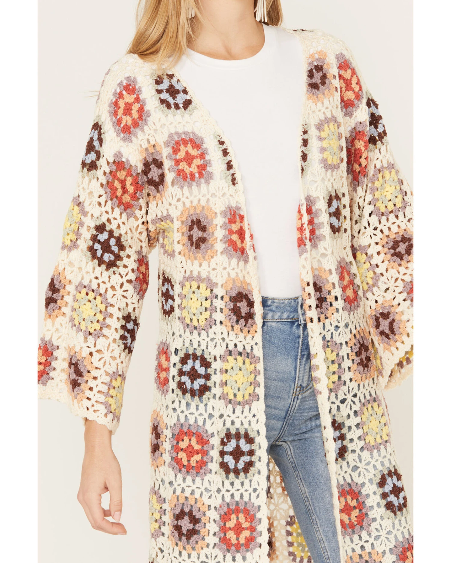 POL Women's Crochet Fringe Long Sleeve Kimono - Image 3